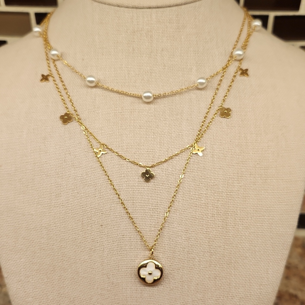 18K Gold Plated Layered Clover & Faux Pearl Station Necklace - Picture 7 of 10